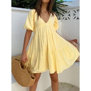 Commense Yellow V-Neck Tiered Skater Mini Dress  Summer Babydoll Flowy‎ L NEW